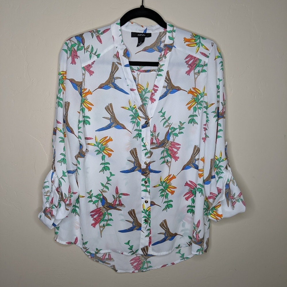 Alfani White Bird Pattern Blouse